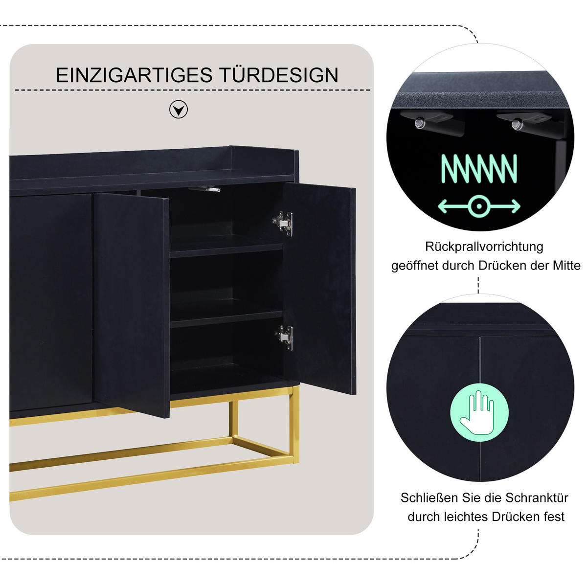 SIDEBOARD in Schwarz Anrichte mit 4 Türen für Esszimmer, Küche und Wohnzimmer, B120/T30/H80 cm - Goldfarben/Schwarz, Holzwerkstoff/Metall (120/80/30cm) - STILVORA
