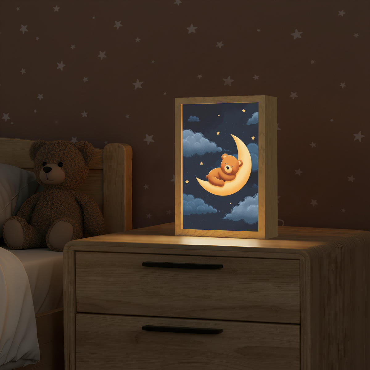 NÁSTĚNNÁ LAMPA Medvídek - Měsíc - Mraky - Hvězdy 20x30 cm - tmavě modrá, kompozitní dřevo (20/30/8cm) - OnlyWow