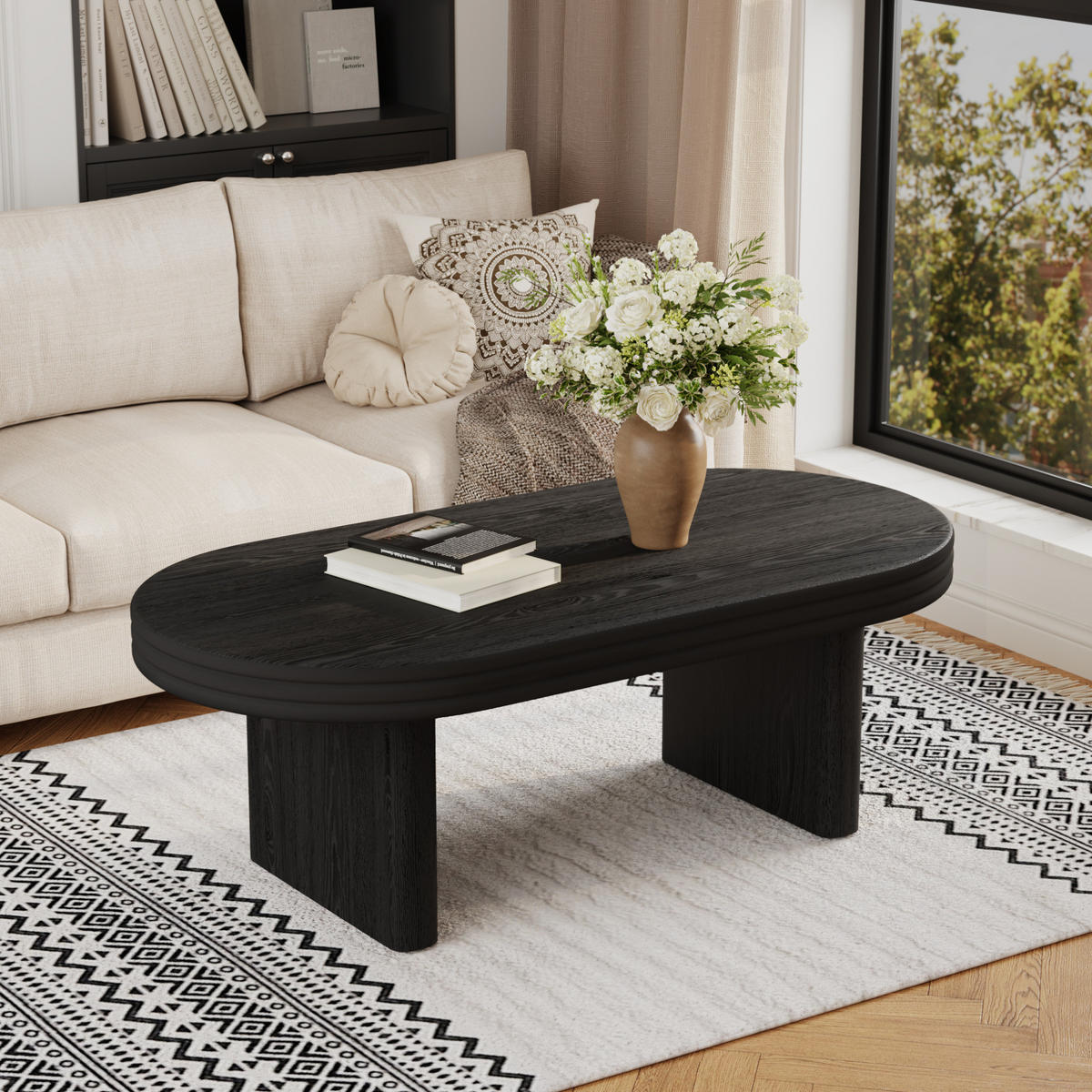COUCHTISCH aus MDF mit Massivholzfurnier 120x60x41,5 cm Schwarz oval, vielseitig und pflegeleicht - Schwarz, Holzwerkstoff (120/60/41.5cm) - Modfu