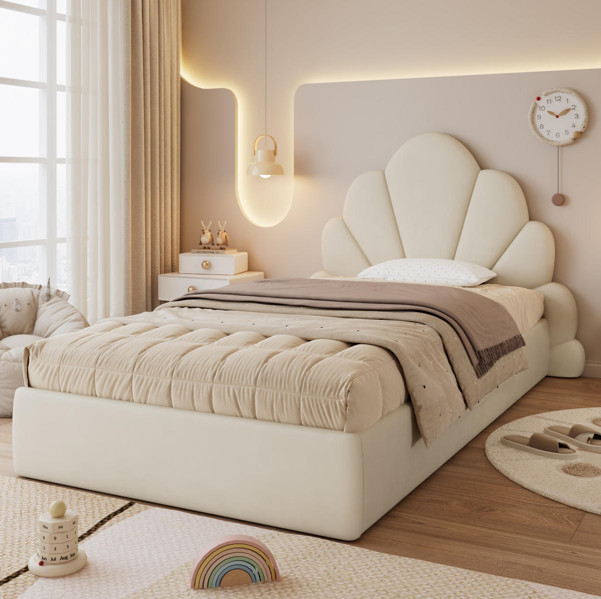 POLSTERBETT 90/200 cm aus Samt mit blütenförmigem Kopfteil Beige - Beige, Textil (90/200cm) - Modenvie