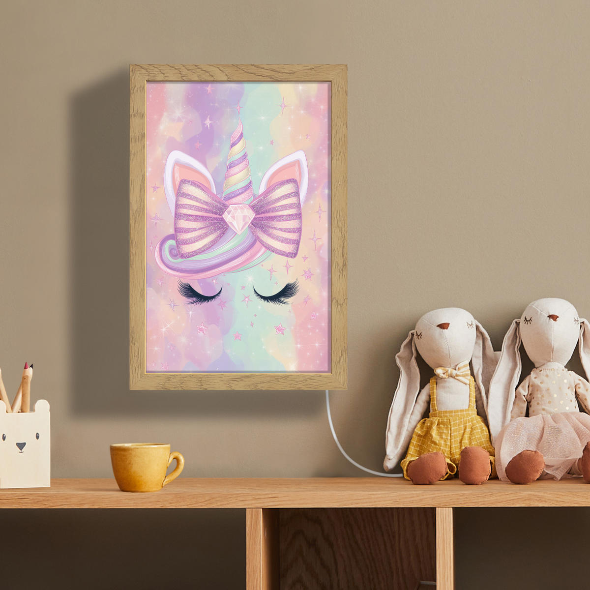 NÁSTĚNNÁ LAMPA Jednorožec - Třpytky - Duha - Pastelové barvy 20x30 cm - světle růžová, kompozitní dřevo (20/30/8cm) - OnlyWow