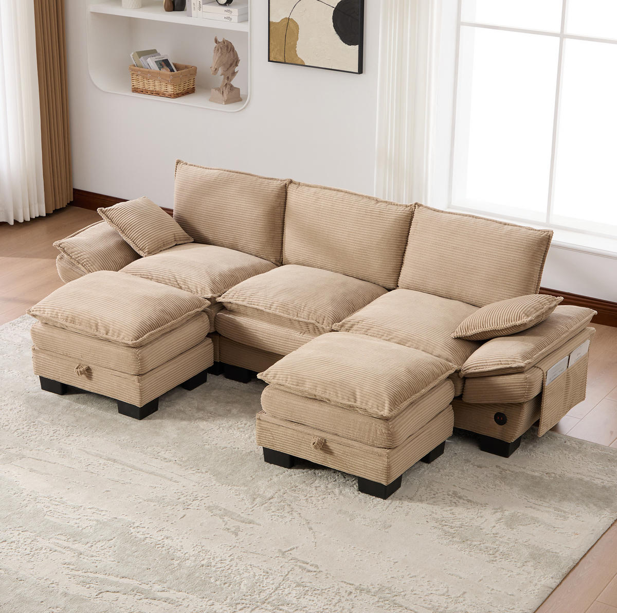 WOHNLANDSCHAFT aus Corduroy 260x132x84 cm in Beige mit 2 Hockern & USB-C - Beige, Textil (132/84/260cm) - Modfu