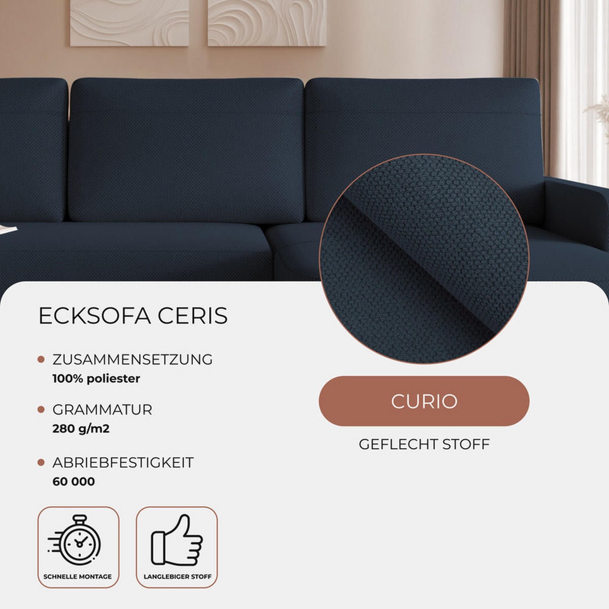 ECKSOFA CERIS mit Schlaffunktion und Bettkasten Marineblau - Dunkelblau, Holzwerkstoff/Kunststoff (250/90cm) - Idohome