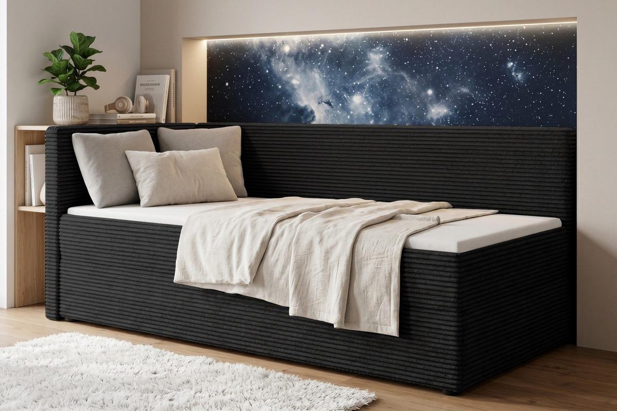 BOXBETT ROBERTO 100/200 in Cord Schwarz H4 links - Schwarz, Holz/Holzwerkstoff (100/200cm) - Deine Möbel 24