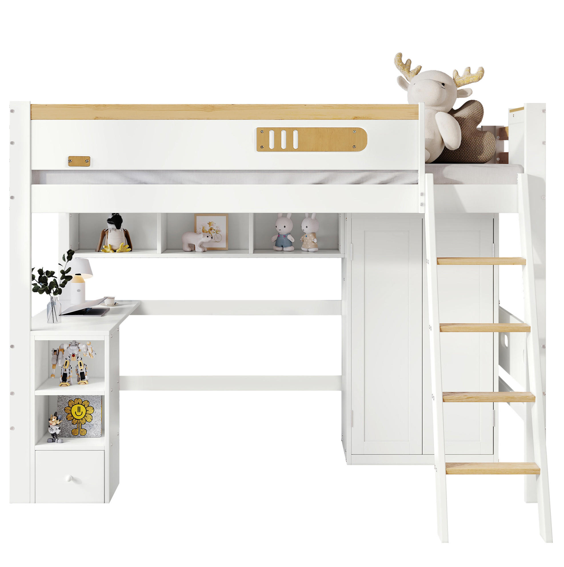 ETAGENBETT 90/200 cm mit Fallschutz, Schreibtisch, Kleiderschrank und Regal aus Massivholz/MDF, Weiß/Natur - Weiß, Holz (90/200cm) - Redom