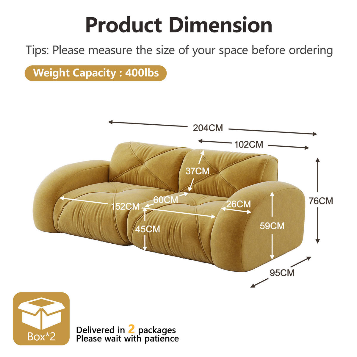 2-SITZER SOFA chenille modular & montagefrei - Gelb, Textil (204/76/95cm) - Urban Meuble