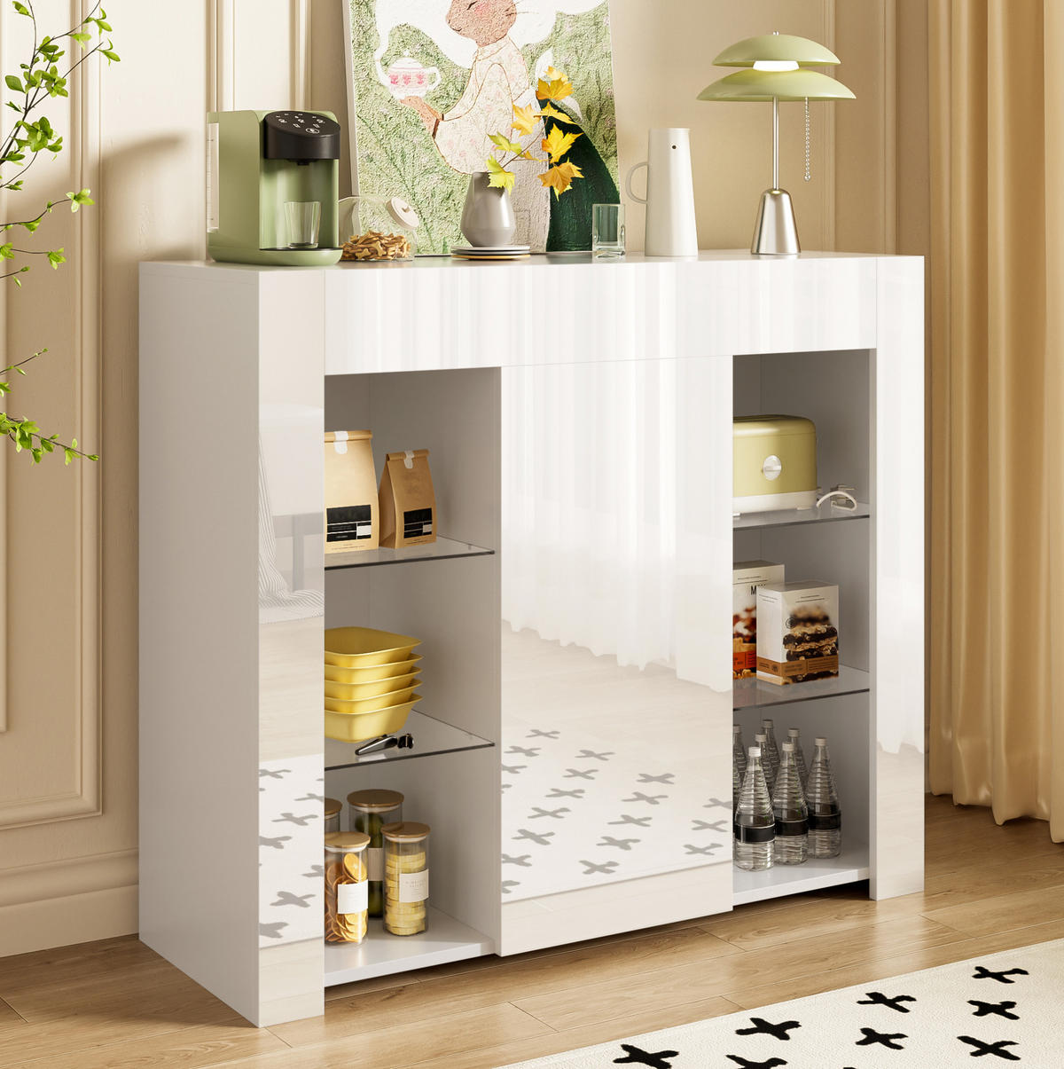 SIDEBOARD 95/35/83 cm in Weiß mit Hochglanz-Front & Glasregalen - Weiß, Holzwerkstoff (95/83/35cm) - BEAOK