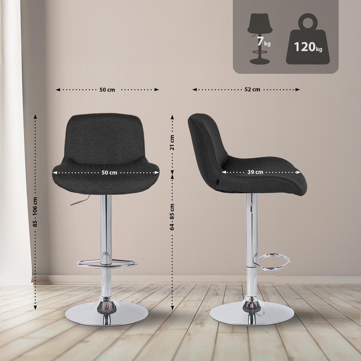 BARHOCKER 2er Set Salomon Chrom Stoff schwarz - Chromfarben/Schwarz, Textil/Metall (50/106/52cm) - TPFLiving