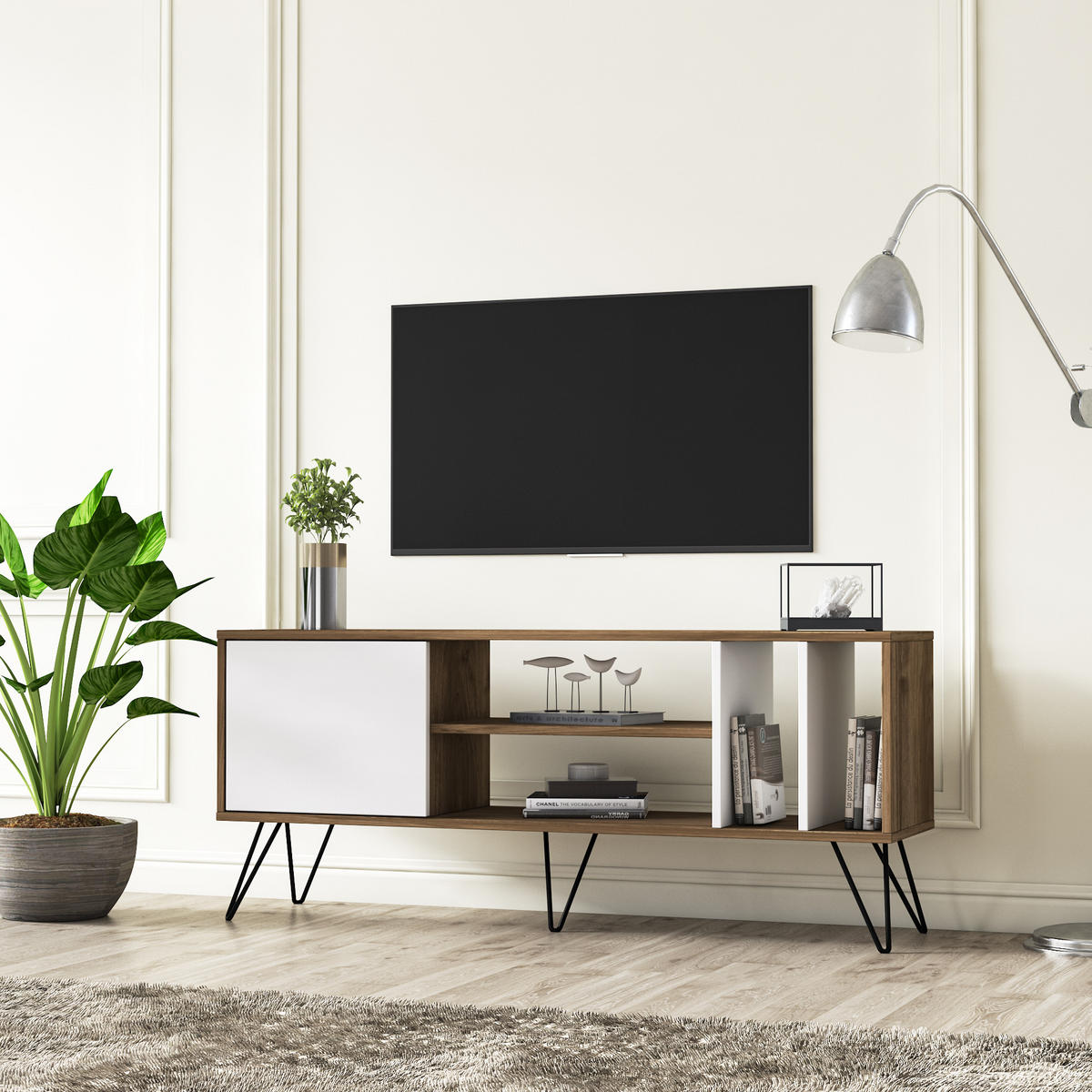 TV-ELEMENT Mictico 140 cm Walnuss Weiß - Walnussfarben/Weiß, Holzwerkstoff (35.5/58.4/140cm) - Decorotika