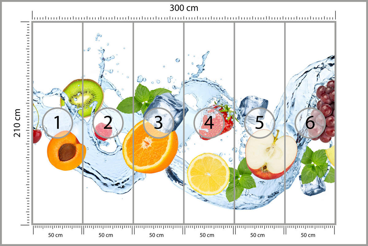 FOTOTAPETE für Küche Erfrischende Früchte Eis Wasser Orange Minze Zitrone Kiwi 300x210 - Gelb/Rot, Papier (300/210cm) - Muralo