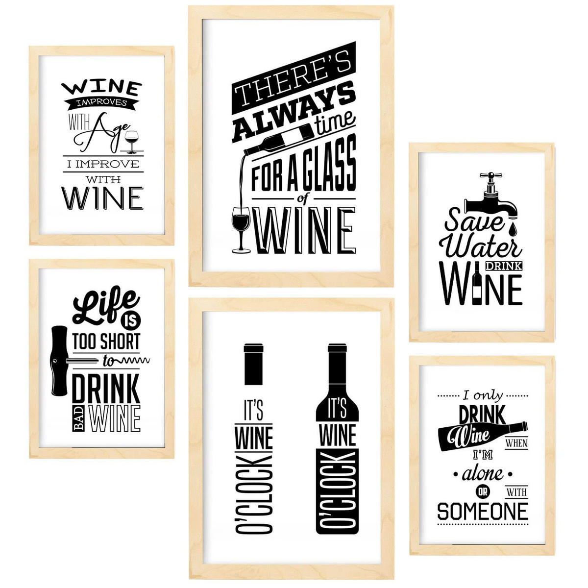 POSTER Set Mit 6 Weingetränk Größe A3 & A4 Rahmen aus hellem Holz - Beige, Papier (29.7/1cm) - Nacnic