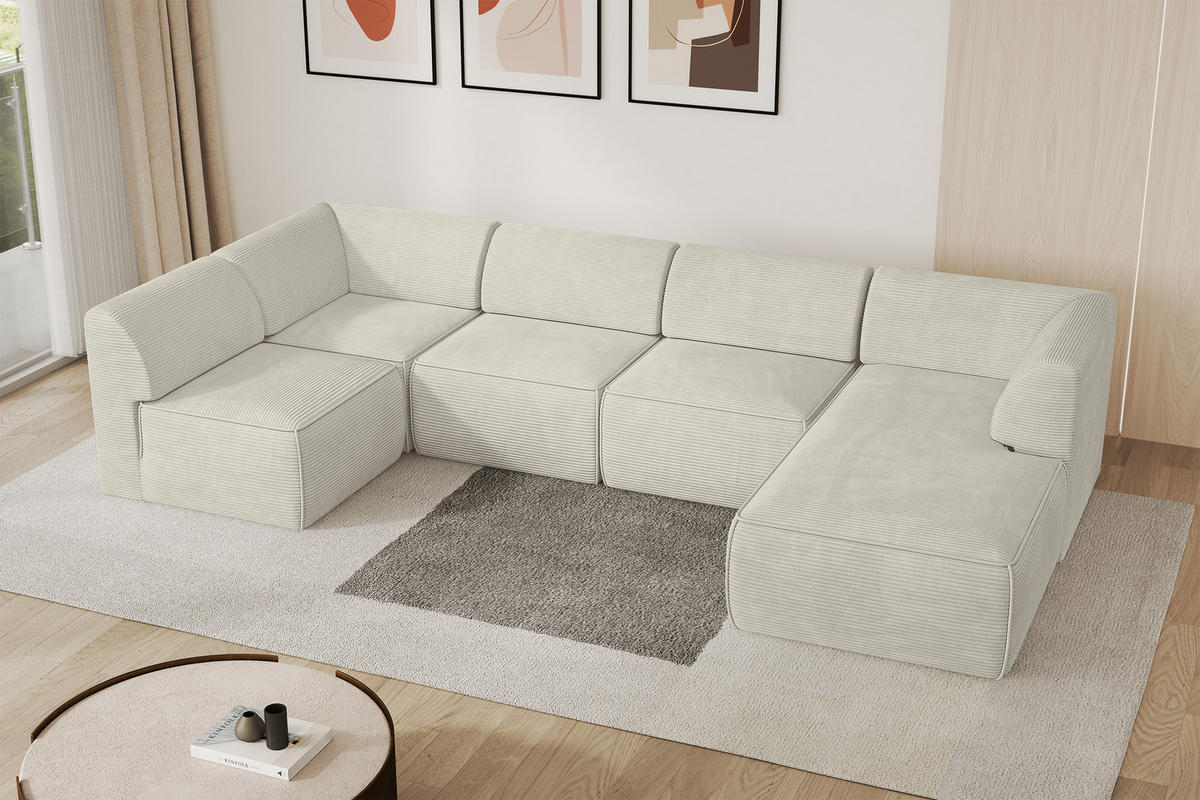 WOHNLANDSCHAFT Ottomane Rechts MOVO-L 345x180x78 cm Cream Cord - Creme, Holzwerkstoff/Kunststoff (180/78/345cm) - ALTDECOR