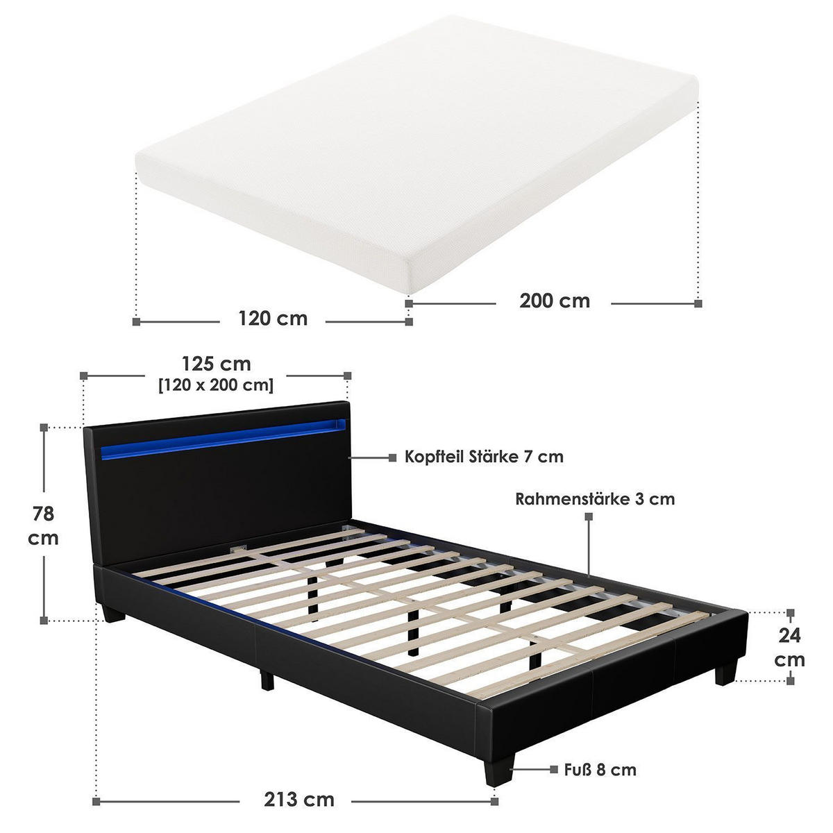 POLSTERBETT Paris mit Matratze und LED schwarz 120x200cm - Schwarz, Textil (120/200cm) - Juskys