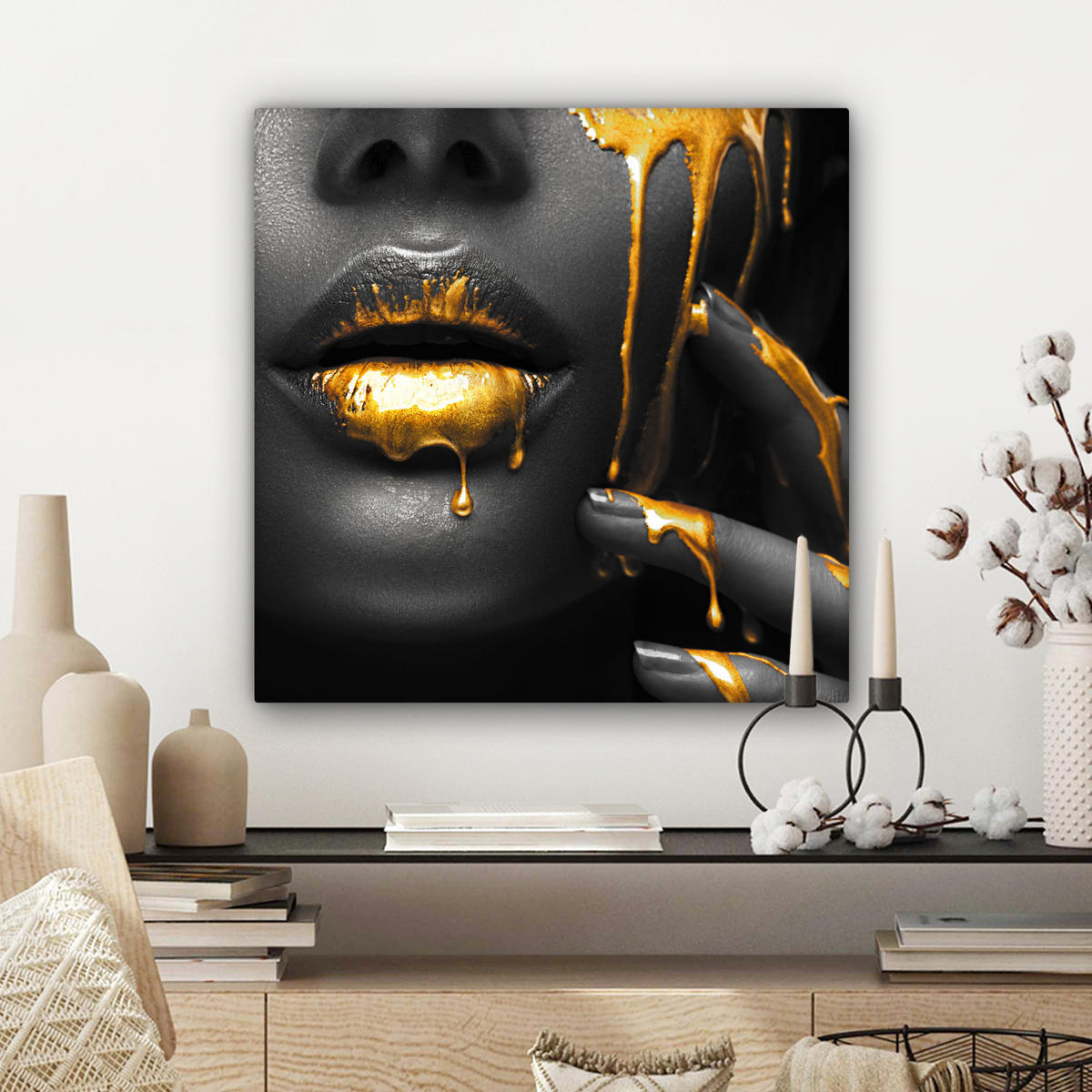 LEINWANDBILD Frau - Schwarz - Gold - Gesicht - Lippen 50x50 cm - Goldfarben, Textil (50/50cm) - MuchoWow
