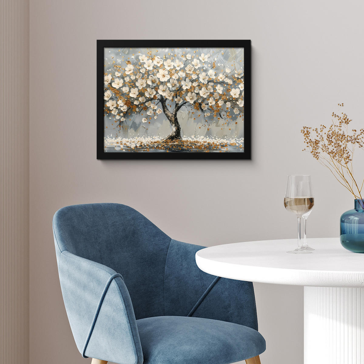 POSTER MIT RAHMEN Baum - Blumen - Weiß - Natur - Kunst 40x30 cm - Weiß, Papier (40/30cm) - MuchoWow