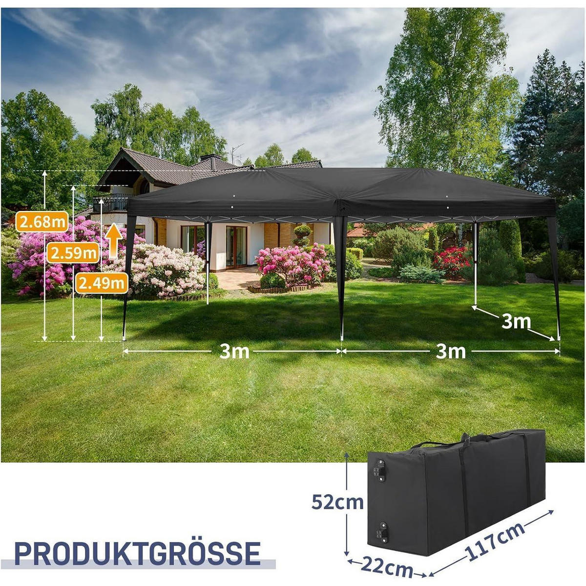 FALTPAVILLON 3 x 6 m Schwarz mit 6 Seitenteilen Wasserdicht UV-Schutz 50+ - Schwarz, Textil (300/255/600cm)