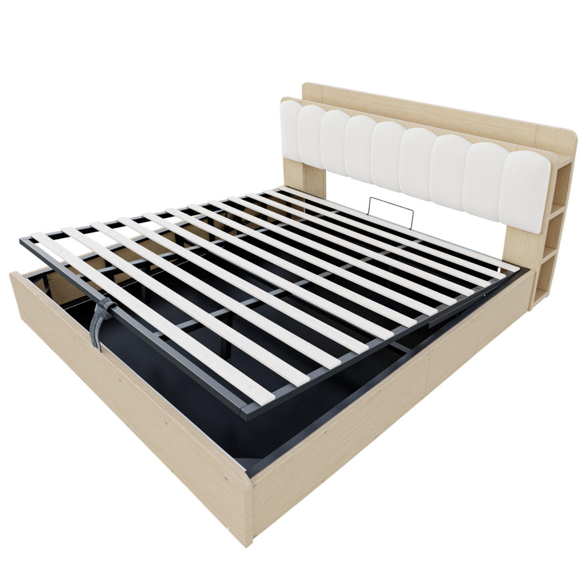 BETT 180/200 cm in Naturfarben & Beige mit Bettkasten, USB, Nachtlicht und Ablage Samt - Weiß/Naturfarben, Holzwerkstoff/Textil (180/200cm) - STILVORA