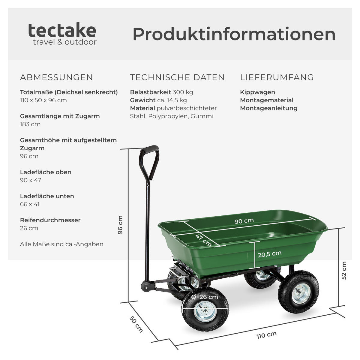 BOLLERWAGEN , Belastbarkeit 300 kg, grün - Grün, Metall (50/52/110cm) - tectake
