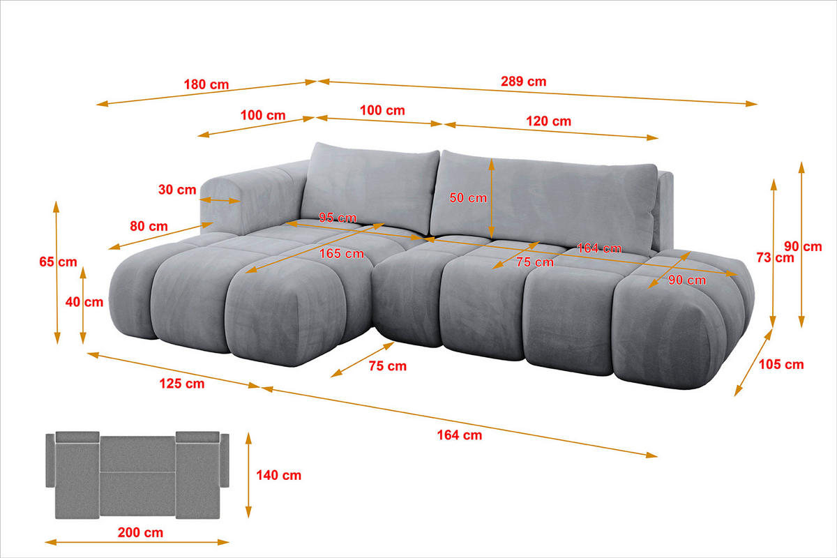 ECKSOFA Ottomane Links CLOUD-L 289x180x40 Hellgrau Velours - Hellgrau, Holzwerkstoff/Kunststoff (180/289cm) - ALTDECOR