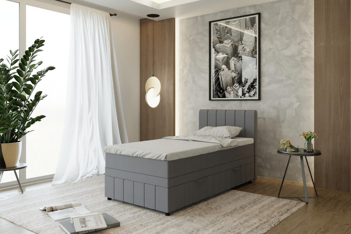 BOXBETT AVALON 100 x 200 cm mit Bettkasten und Topper - Dunkelgrau - Dunkelgrau, Holz - Panda Möbel