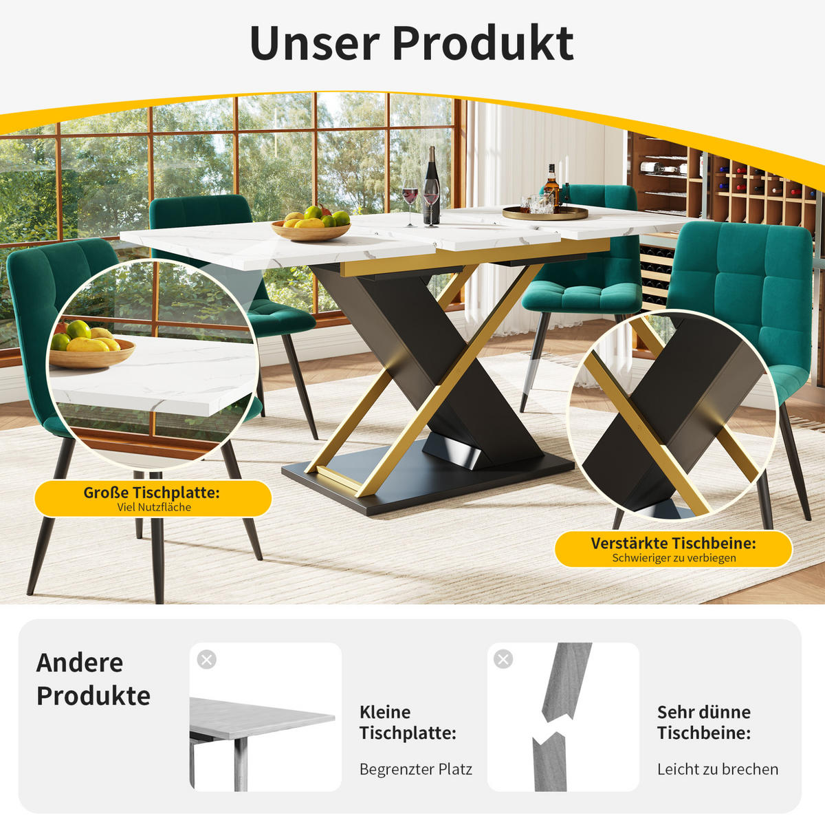AUSZIEHBARER Esstisch MDF mit Marmormuster & Metallgestell, 120-160/80/75,4 cm, Schwarz - Schwarz, Holzwerkstoff (160/80/75.4cm) - Redom