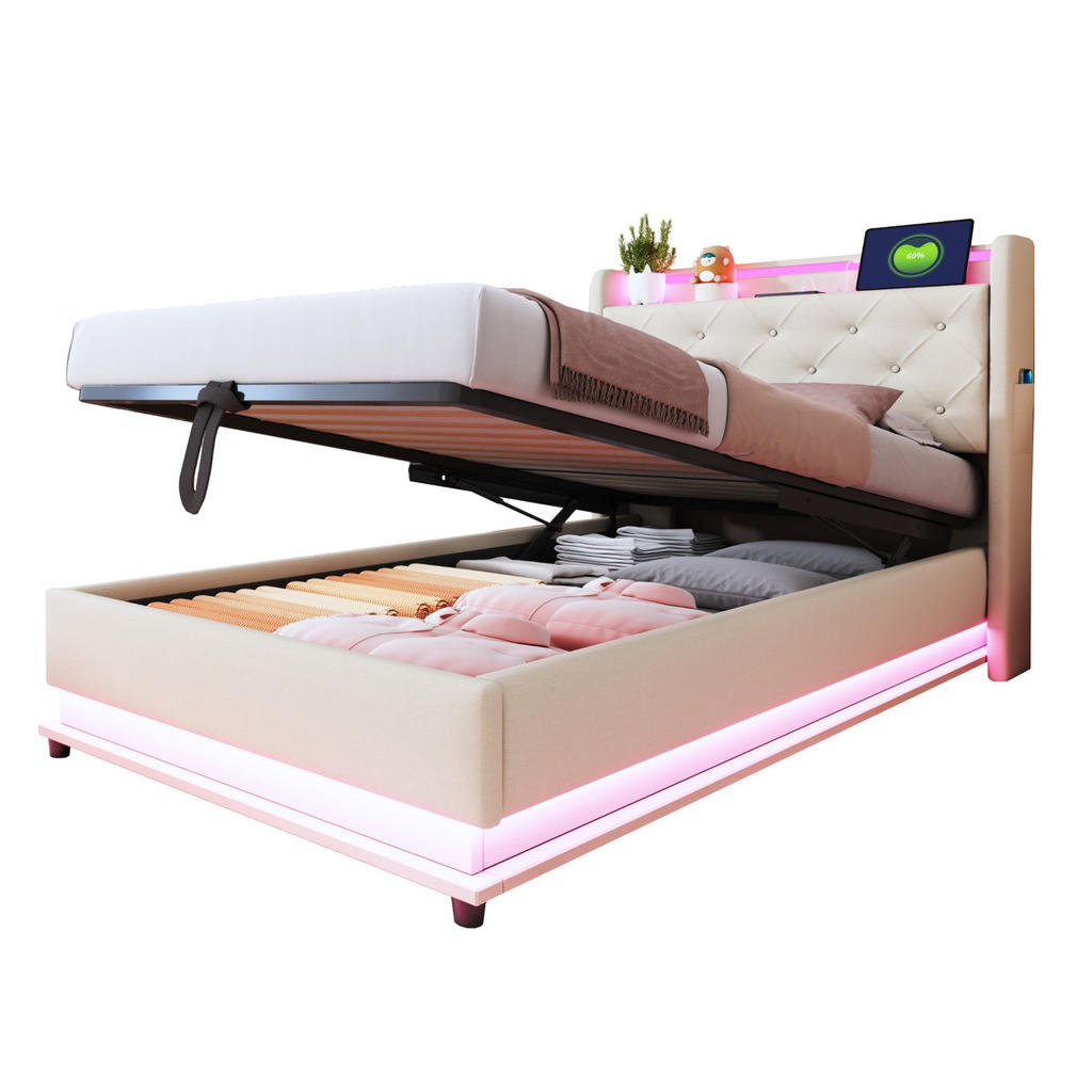 Redom ČALOUNĚNÁ postel 90/200 cm s LED osvětlením, USB a úložným prostorem, Béžová