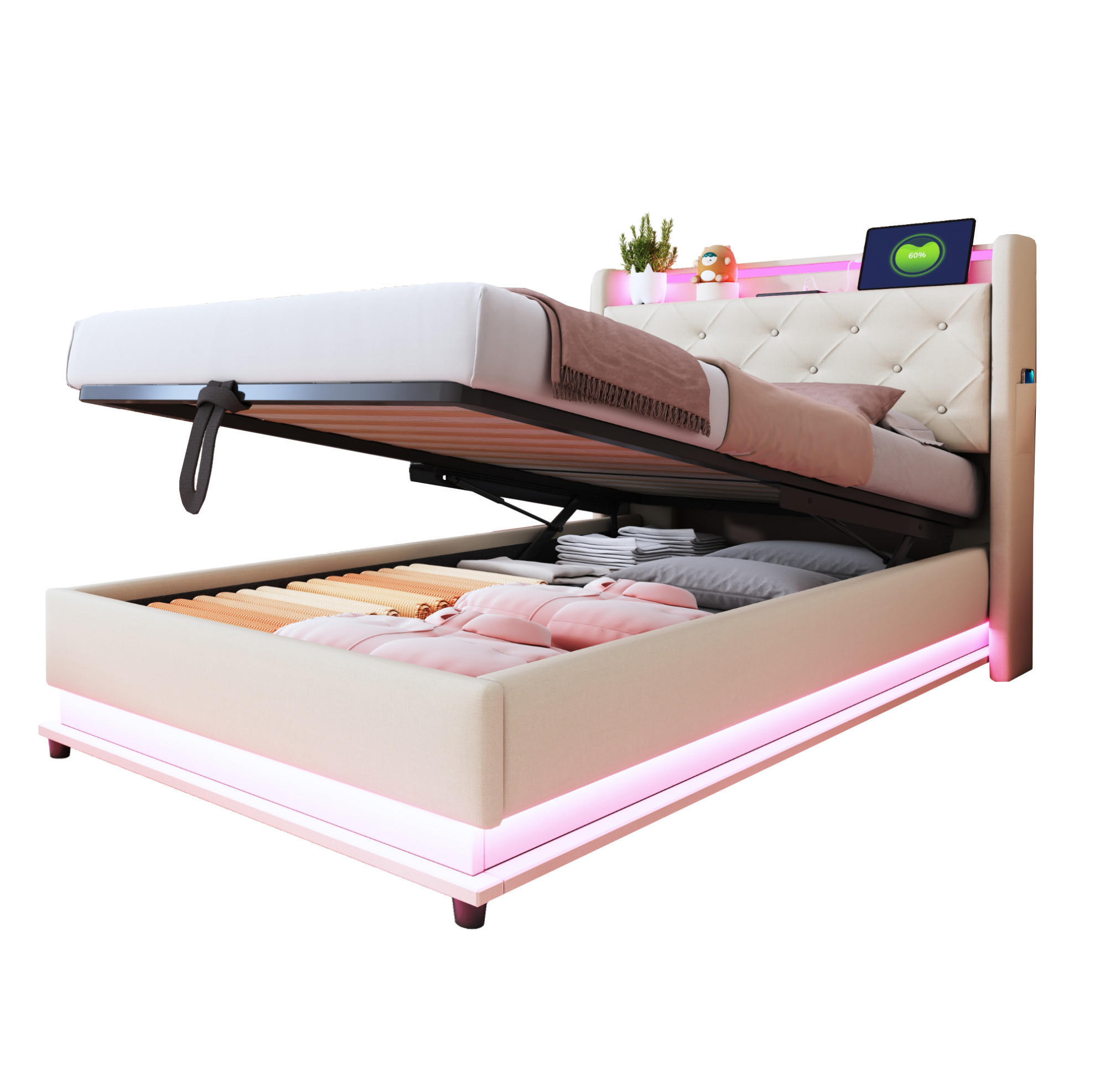 KINDERBETT 90/200 cm mit LED-Beleuchtung, USB und hydraulischem Stauraum, Beige - Beige, Textil (90/200cm) - Redom