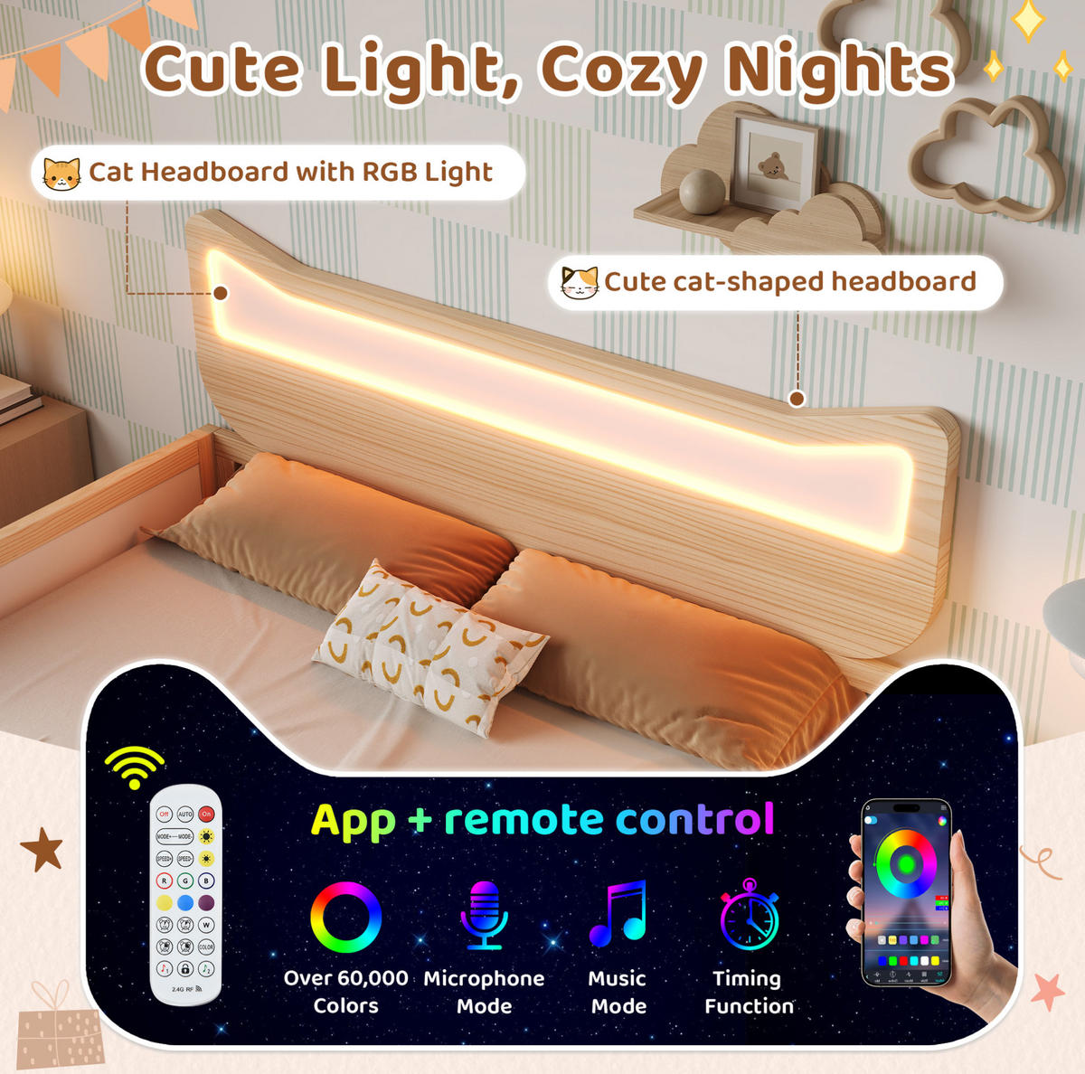 KINDERBETT 90/190 cm aus Holz mit Katzenkopfteil und RGB-LED Weiß/Eiche - Eichefarben, Holz (90/190cm) - Modenvie