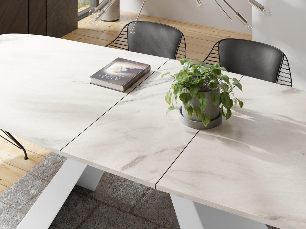 ESSTISCH Monte Weiß rechteckig ausziehbar, Marmor Weiß 160-200/80/76 cm - Ecru/Weiß, Holzwerkstoff/Metall (160/80/76cm) - WFL GROUP