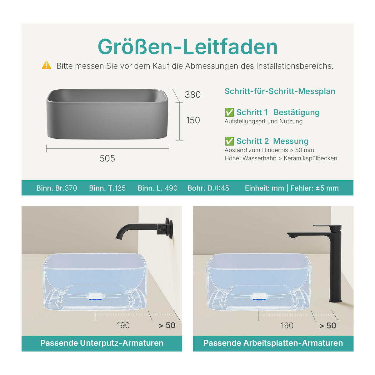 WASCHBECKEN Keramik Rechteck Abgerundete Matt Dunkelgrau 50,5 / 38 / 15 cm - Schwarz, Keramik (38/15/50.5cm) - EMKE