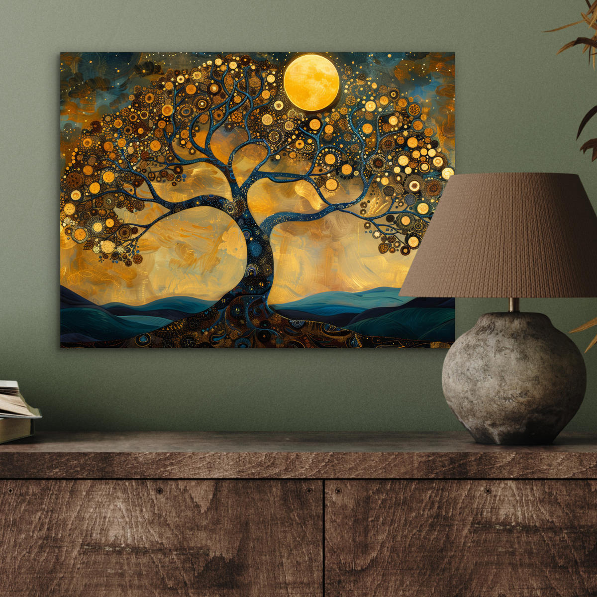 KOVOVÝ OBRAZ Strom - Mesiac - Kvety - Zlato - Umenie 40x30 cm - oranžová, kov (40/30cm) - MuchoWow
