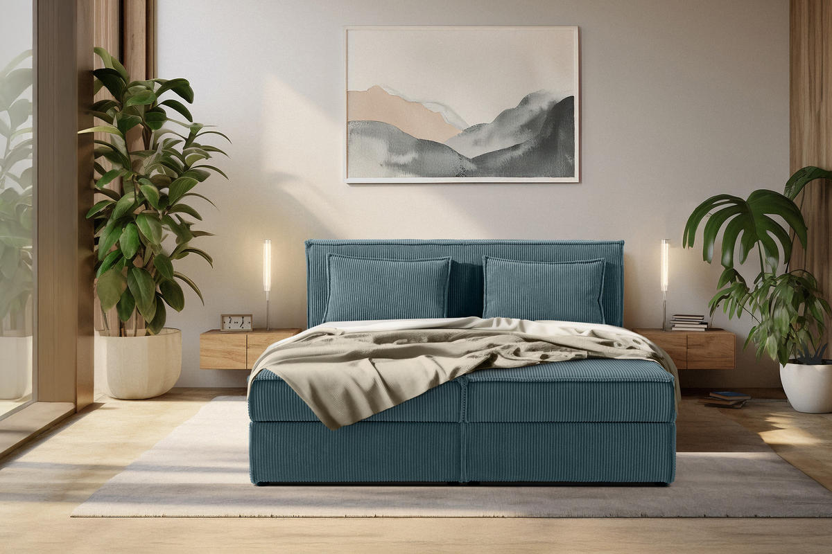 BOXSPRINGBETT ROTI mit Stauraum, blau - Blau/Schwarz, Holz/Holzwerkstoff (160/200cm) - KONSIMO®