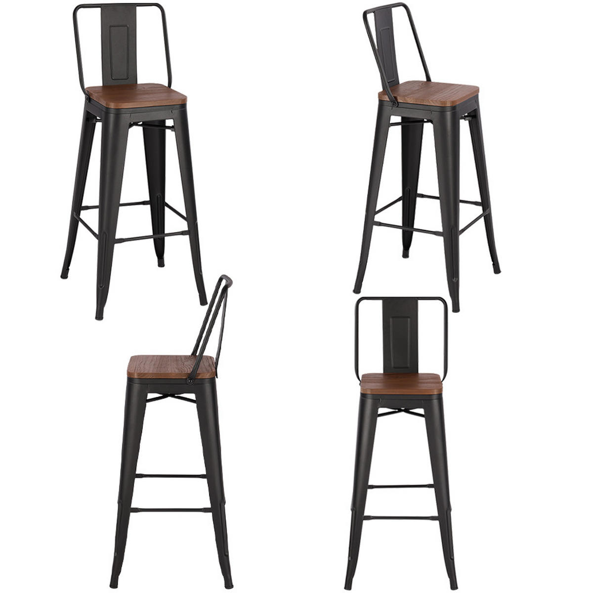 BARHOCKER 4er-Set Hoher mit Metallgestell und Rückenlehne in Schwarz Robust Platzsparend 43 x 43 x 105 cm - Dunkelbraun/Schwarz, Metall (43/105/43cm) - Livingandhome