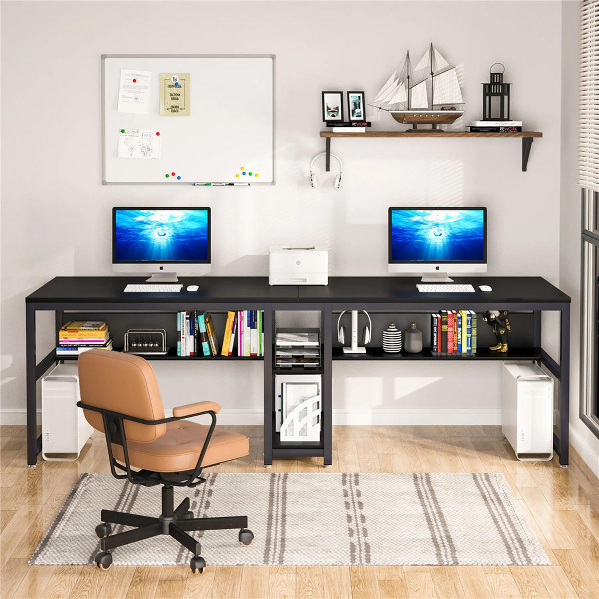 SCHREIBTISCH 200/60/75 cm Doppel Computertisch 2 Personen - Schwarz, Metall (200/60/75cm) - Kaket
