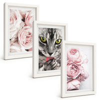BILDER SET 3er Set - 20x30 cm Weißer Rahmen - Katze in rosa Blumen - Weiß, Kunststoff (20/30cm) - TULUP