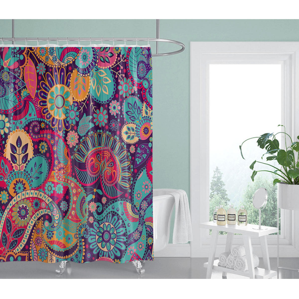 DUSCHVORHANG floral 150 x 180 cm Dekor Badezimmer Set mit Haken - Multicolor, Textil (180/150cm) - MCBOSON