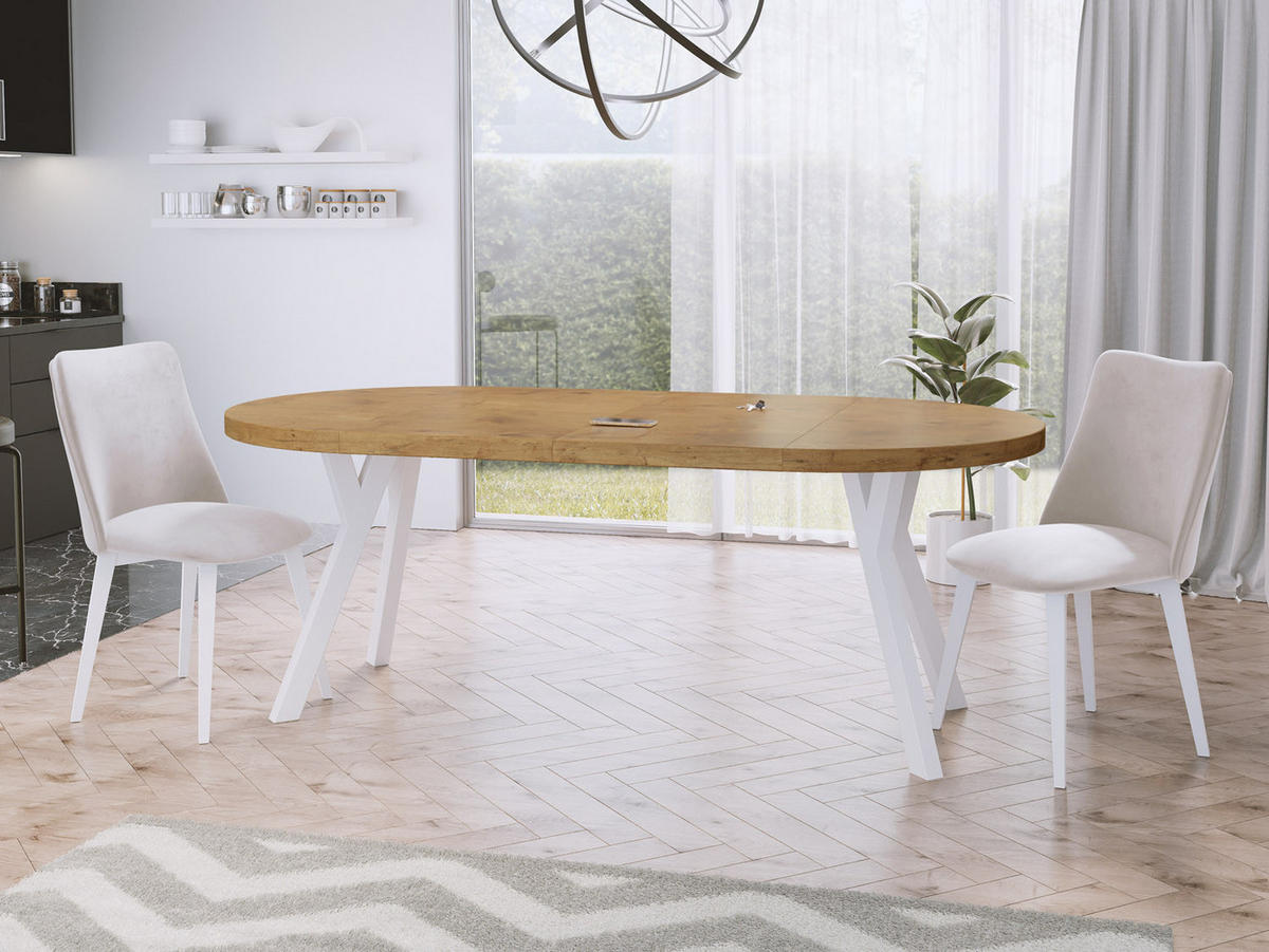 ESSTISCH Twixy runder ausziehbarer, Lancelot Eiche 90-170/90/76 cm - Eichefarben/Weiß, Holz/Holzwerkstoff (90/90/76cm) - WFL GROUP