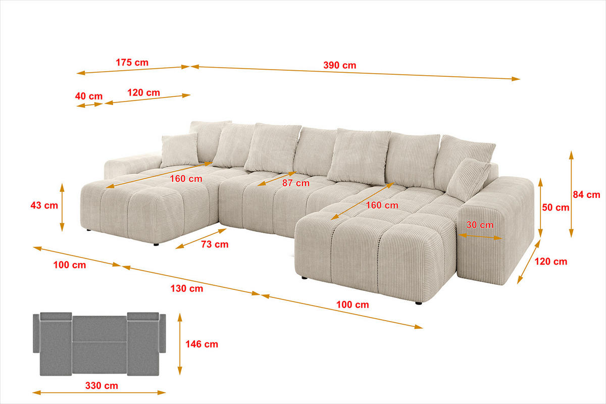 WOHNLANDSCHAFT ENIL-U 390x175x84 Beige Cord - Beige, Holzwerkstoff/Kunststoff (390/84/175cm) - ALTDECOR