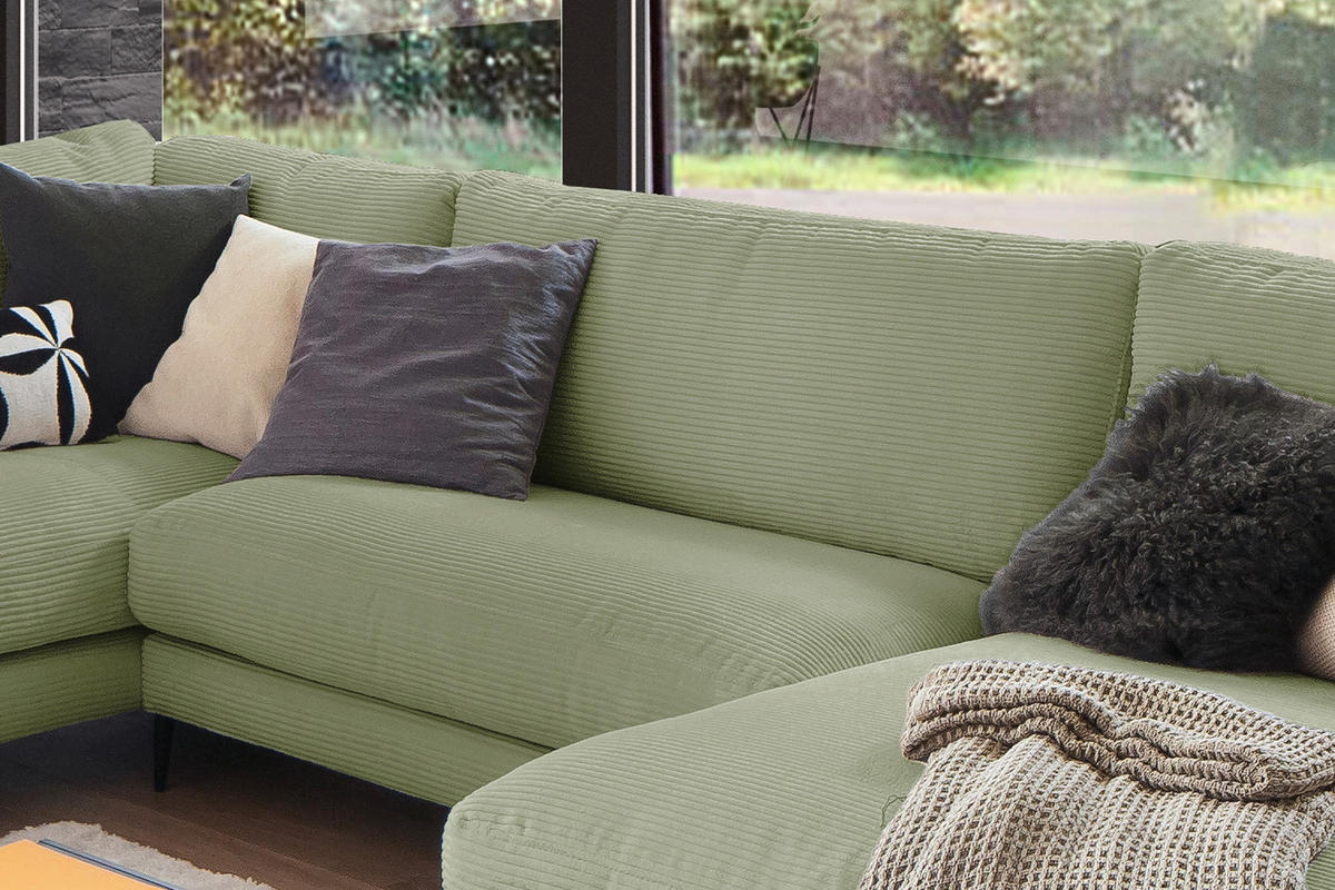 WOHNLANDSCHAFT CARA Grün Cord - Schwarz/Grün, Textil (341/84/223cm) - KAWOLA