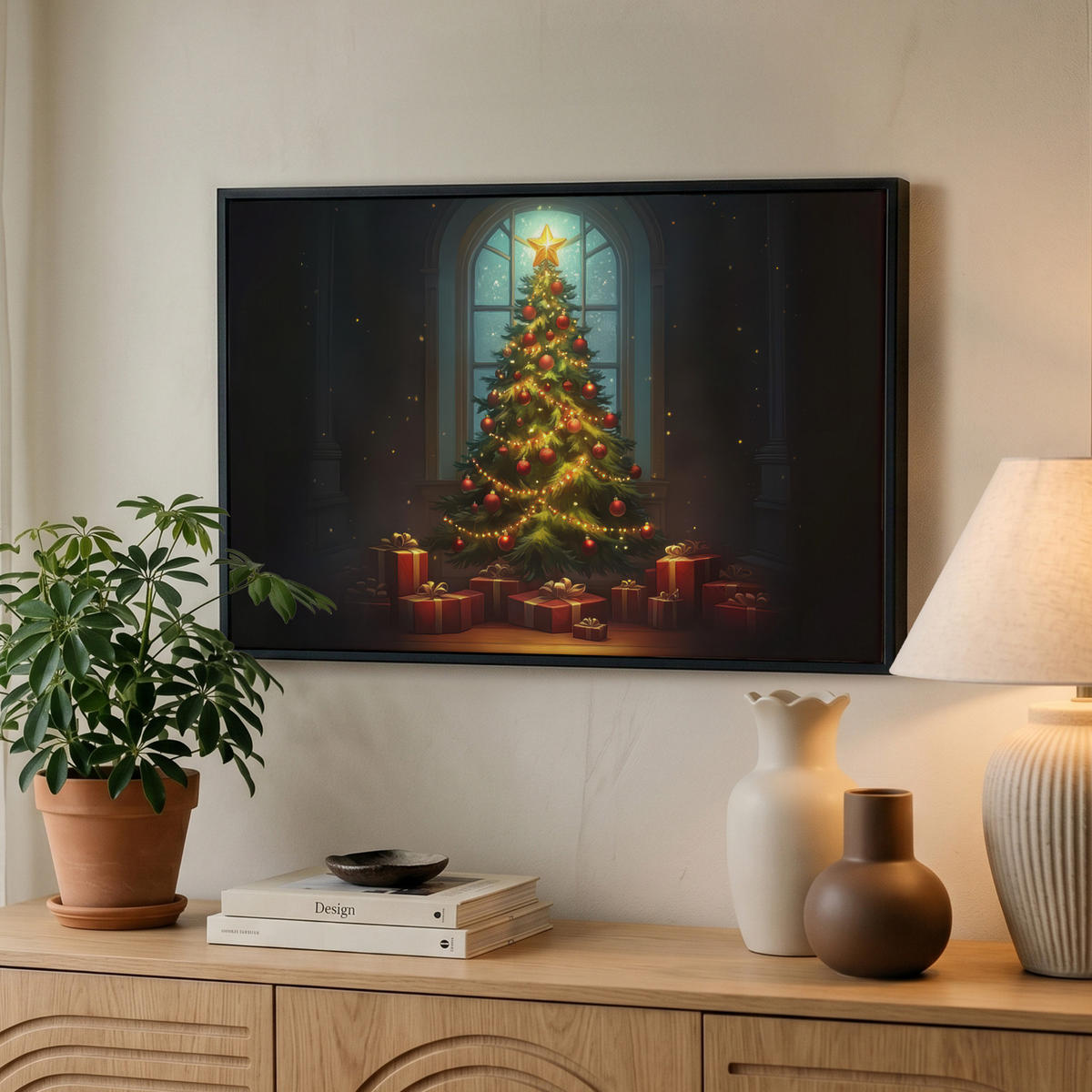LEINWAND Bilder mit Rahmen - Weihnachtsbaum - Geschenk - Winter - 60x40 - Grün, Textil (60/40cm) - MuchoWow