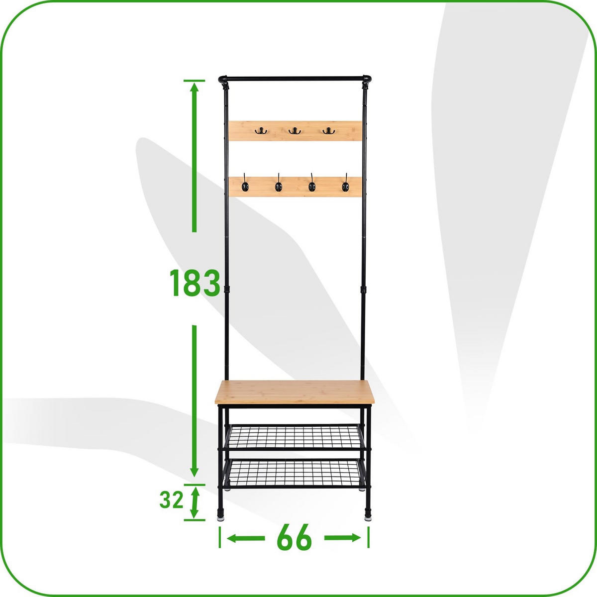 GARDEROBENSTÄNDER Bambus Metall Holzoptik mit Bank 66×32×186 cm - Schwarz/Naturfarben, Holzwerkstoff/Metall (66/183/32cm) - Begryf