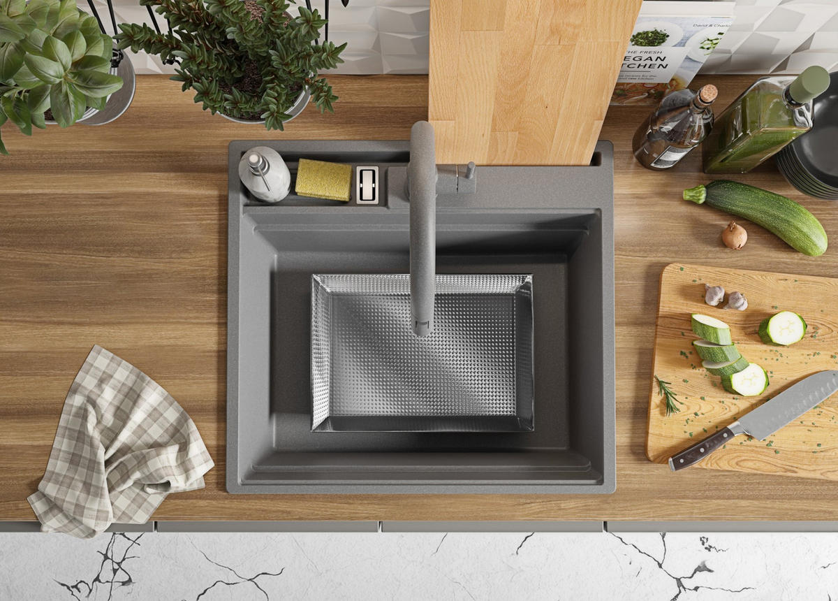 SPÜLBECKEN Oslo Pocket, 2-er set Grau 58/53 cm 1 Becken + Ablauf-Set + Küchenzubehörset ab 60er Unterschrank - Chromfarben/Beige, Kunststoff (58/20/53cm) - Primagran