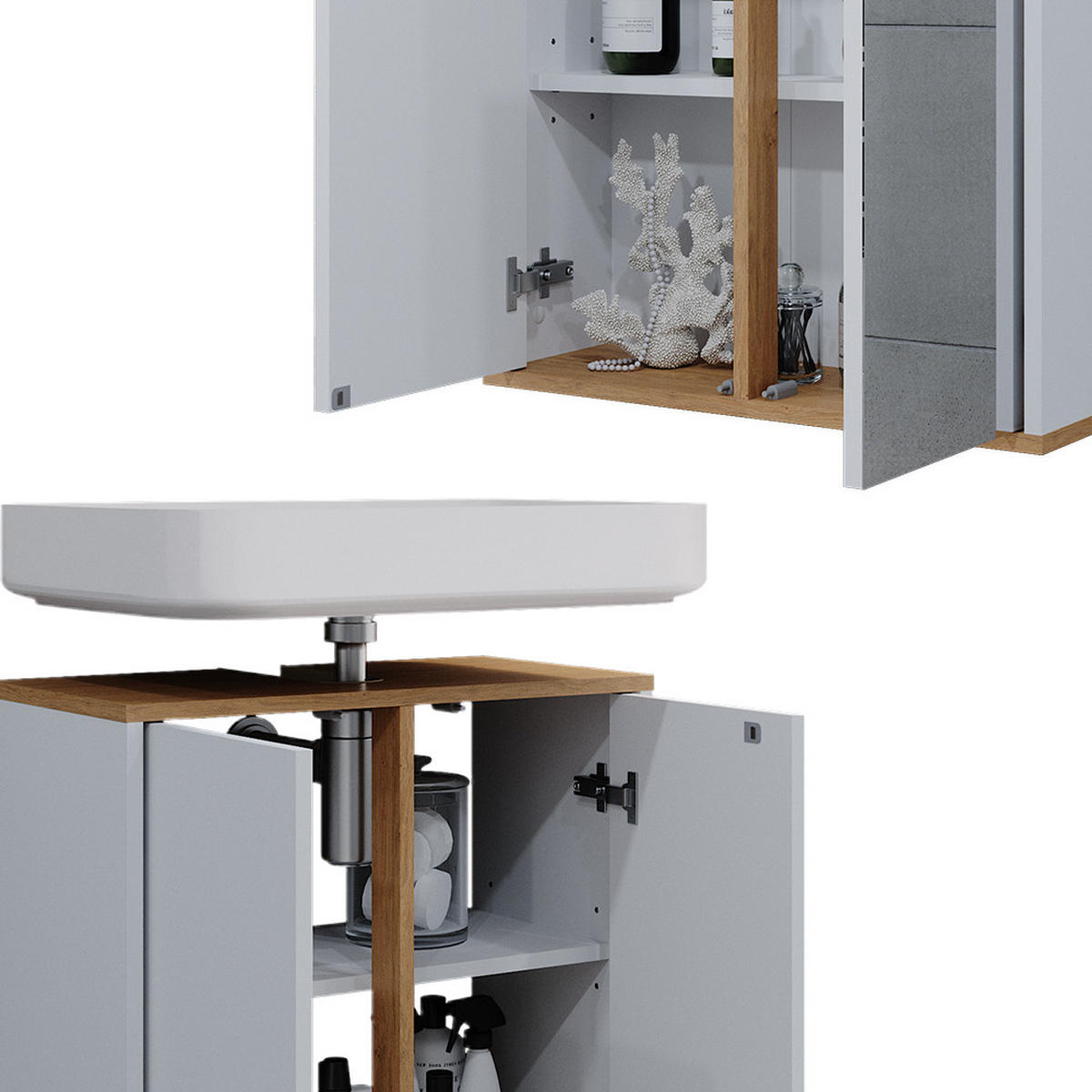 BADMÖBEL-SET Didi Weiß/Artisan 3 Teile Midischrank mit mit Schubladen 60 cm - Weiß/Eiche Artisan, Holzwerkstoff (60/62/30cm) - Vicco