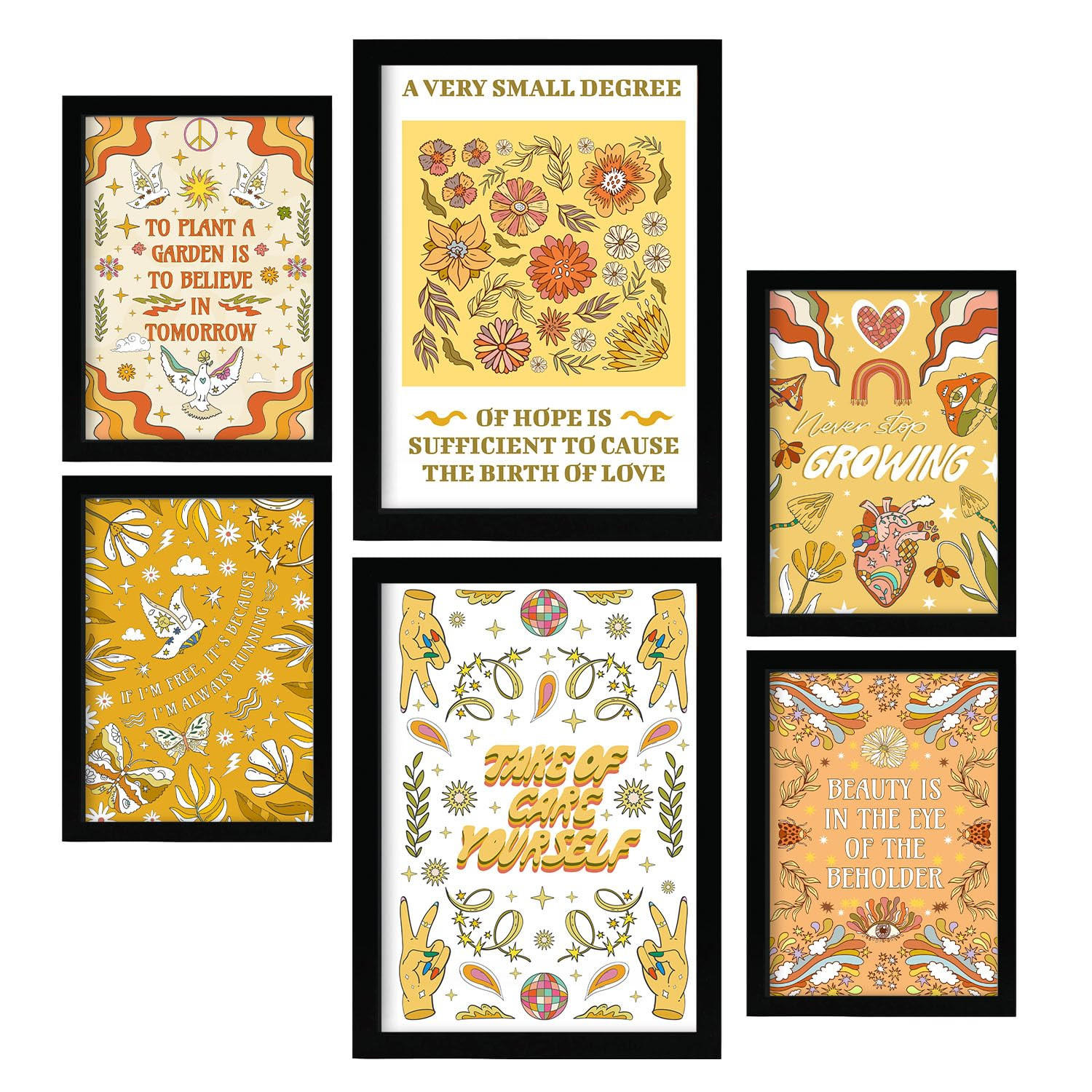 POSTER Set Mit 6 Drucken Der Selbstversorgung In Der Brillanten Groovy Dekorative Rahmen Für Ihr Zuhause Wandkunstdruck A3 & A4 Schwarzer Rahmen - Schwarz, Papier (29/3cm) - Nacnic