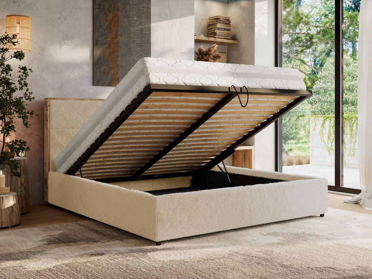 POLSTERBETT LERIO CLASSIC 160/200 - Creme Plüsch - Schaum-Matratze - Creme, Textil (160/200cm) - MKS