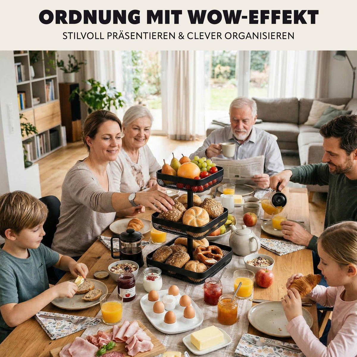 OBSTETAGERE eckig, 3-stöckig, 20 x 20 cm, 25 x 25 cm und 30 x 30 cm, schwarz, Metall - Schwarz, Metall (30/42cm) - eluno