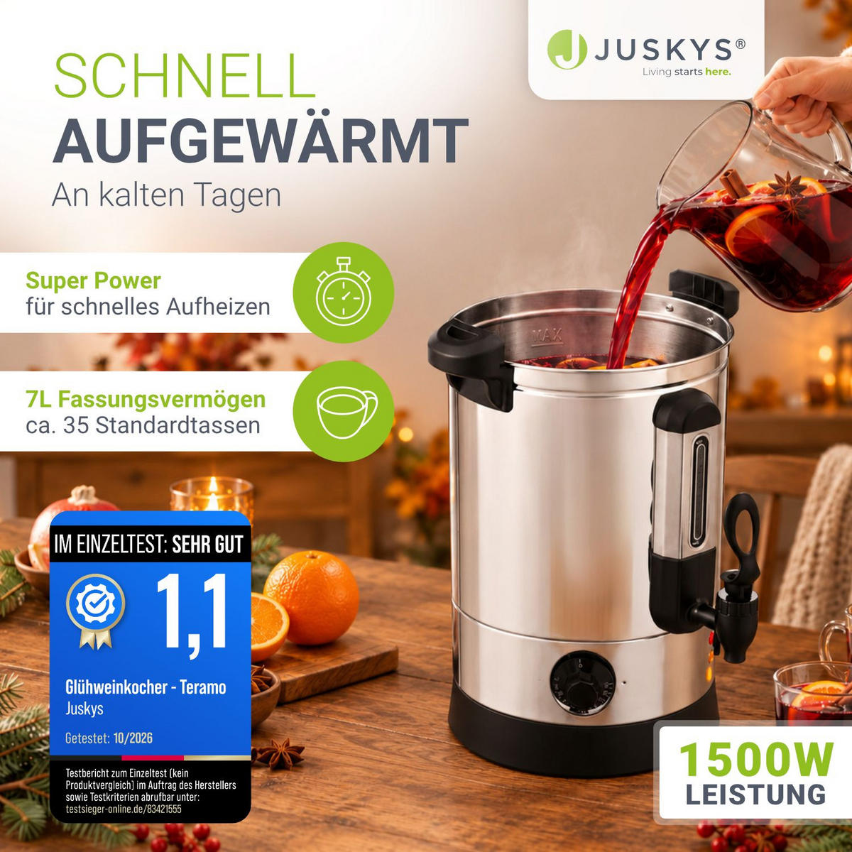 GLÜHWEINKOCHER Teramo 7 L - Silberfarben, Metall (30/42/23cm) - Juskys