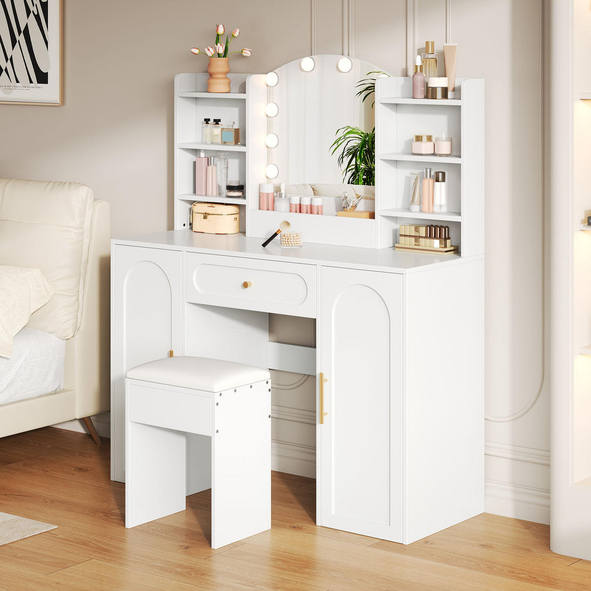 GROSSER Schminktisch mit LED-Spiegel, dimmbar, inkl. Hocker, 1 Schublade & 2 Türen, modern, Weiß, 110x40x132 cm - Weiß, Holz (40/132/110cm) - Ej. Life