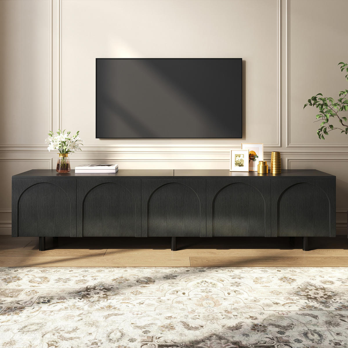 TV-SCHRANK Lowboard 5 Türen Metallfüße PB MDF modern - Schwarz, Holzwerkstoff (38/45/180cm) - FLIEKS