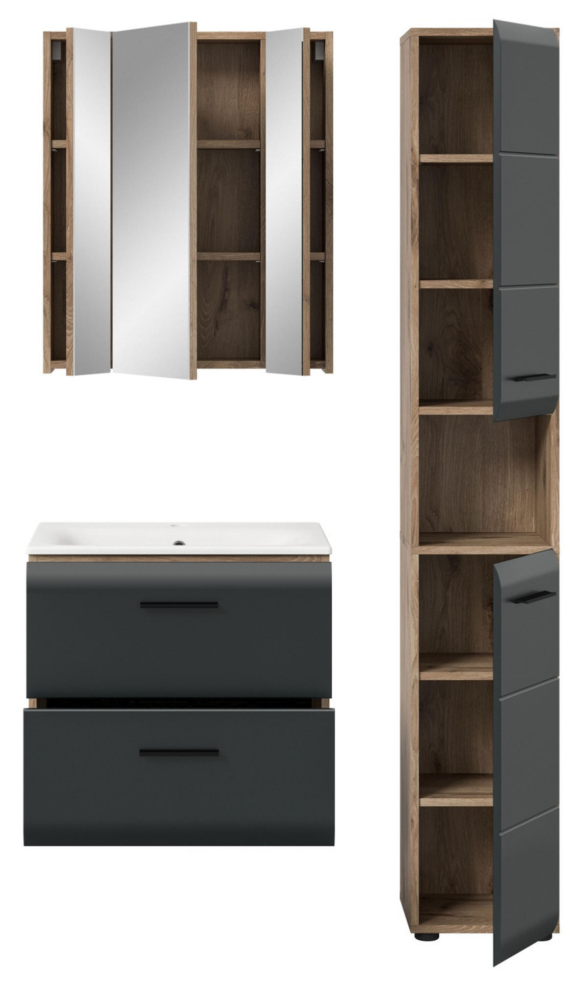 BADMÖBEL-SET 3-teilig Schwarz matt, Eiche Nox, Badezimmer Komplett-Set mit Waschbecken, 105 x 185 cm - Eichefarben/Schwarz, Glas/Keramik (105/185/46cm) - Inn.Furn